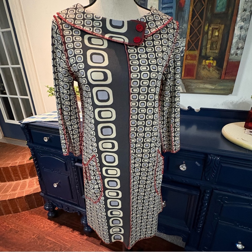 Beebop & Wally Geometric  Patterned Dress Red Accents Vintage Inspired Small